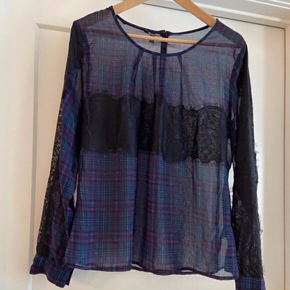 Kardashian Kollection Top M Sheer Plaid Lace Long Sleeve Purple Blue - Picture 3 of 9